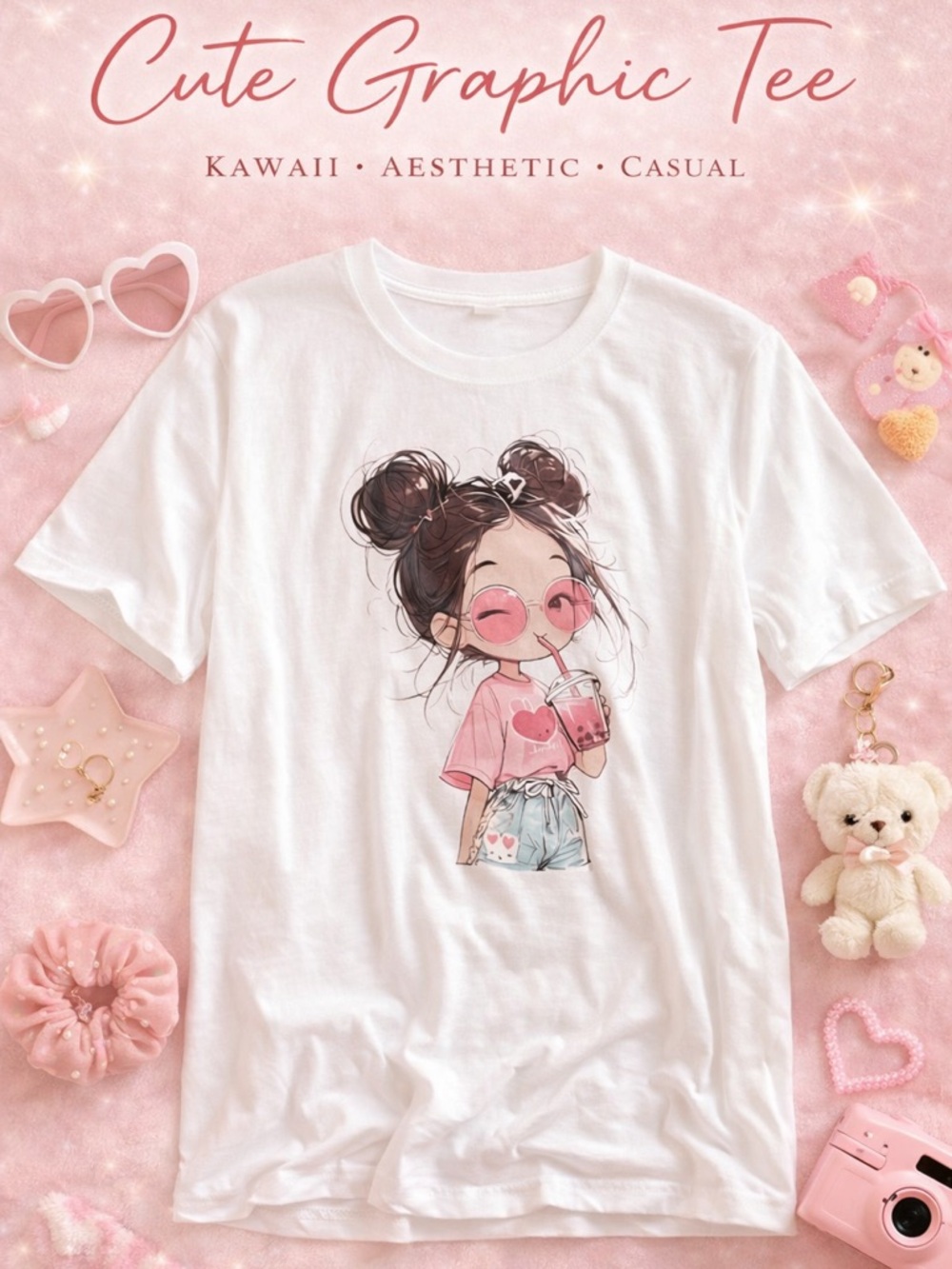 Cute Graphic Tee Girl Boba Drink Pink Aesthetic Kawaii Casual T-Shirt Size M